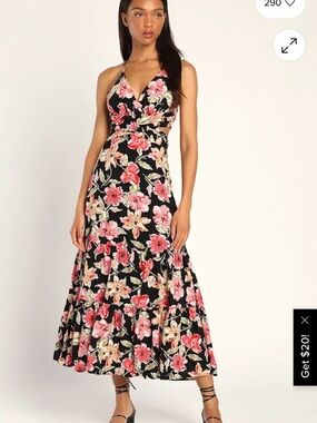 Lulu's Dream of Spring Black Floral Print Tie-Back Tiered Maxi Dress